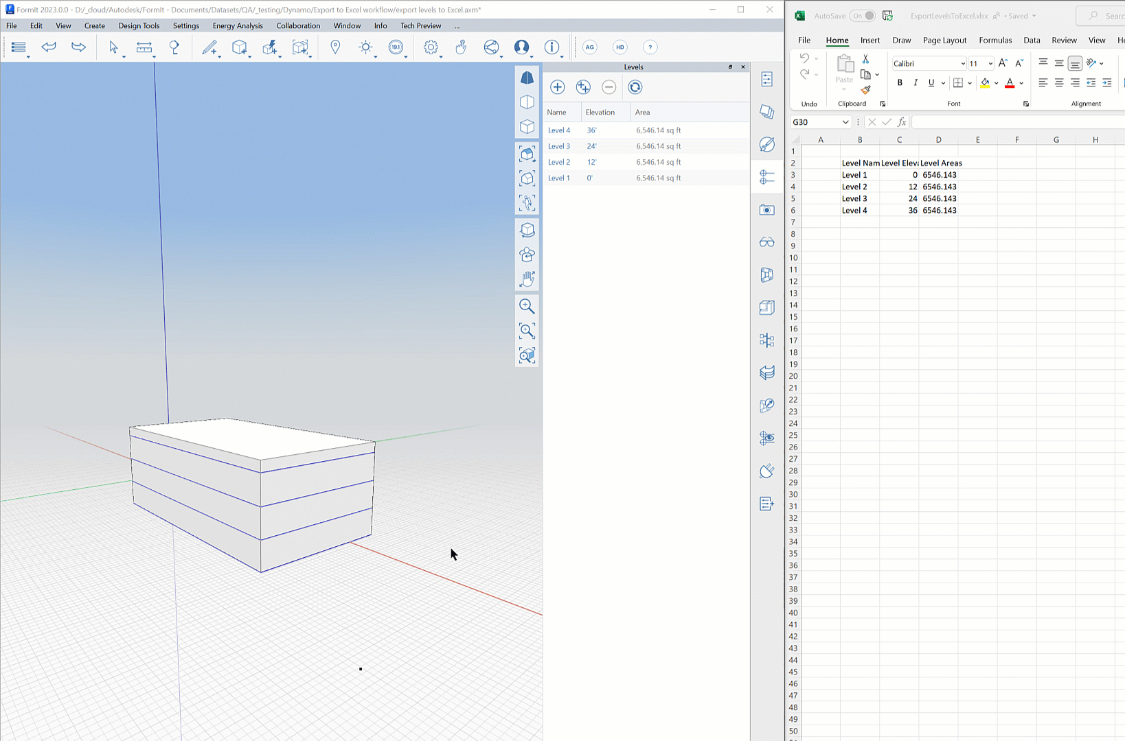 Sending FormIt levels to Excel via Dynamo