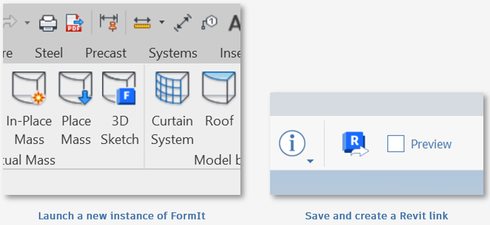 The Send to Revit button now saves the FormIt sketch. Save As if this is a new instance of FormIt from the 3D Sketch button, or save if the file has already been linked