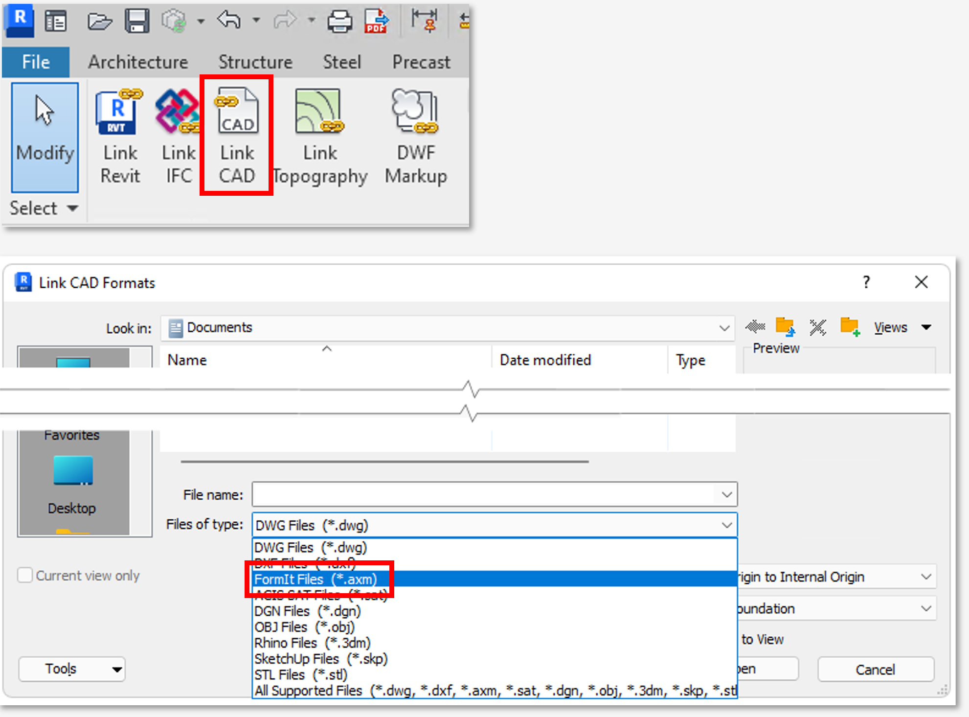 FormIt (*.axm) files are now linkable in Revit