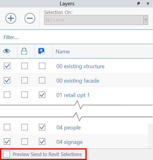 Preview the geometry that will be sent to Revit from this model from the bottom of the Layers palette